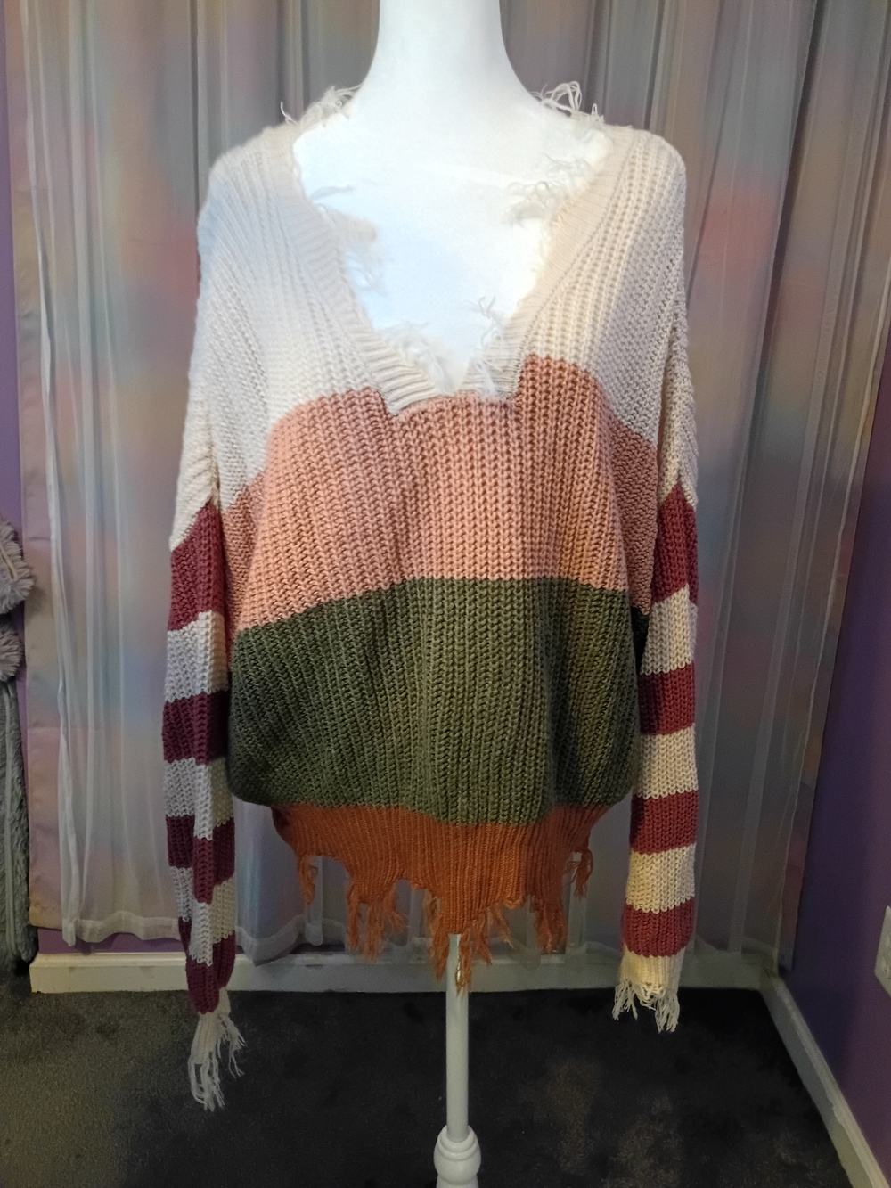 Polly & Esther Dusty Rose PinkCream Striped Raw Edges Cropped Sweater Size Large
